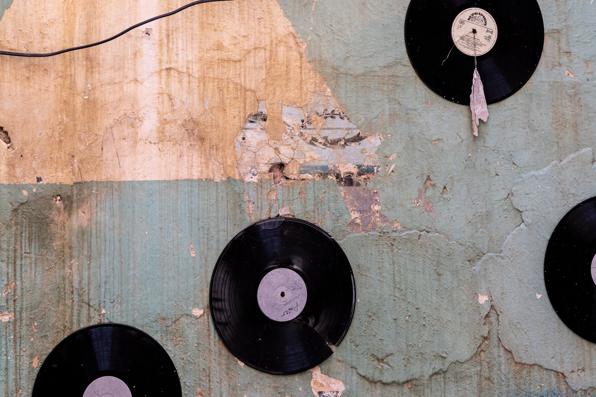 Vinyl records mounted to a peeling wall