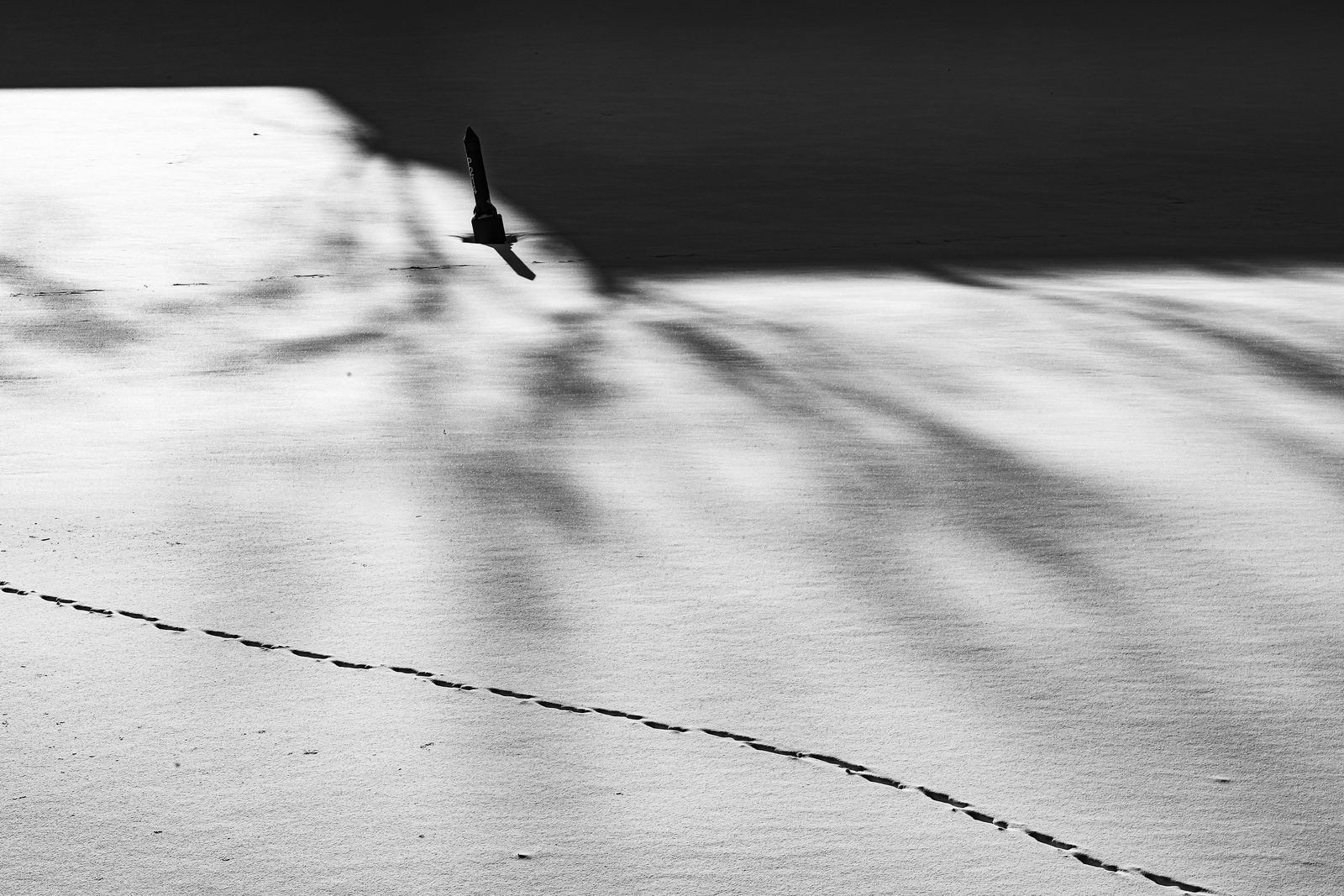 A trail of footprints crossing textured snow toward a solitary post, under a long sharp shadow