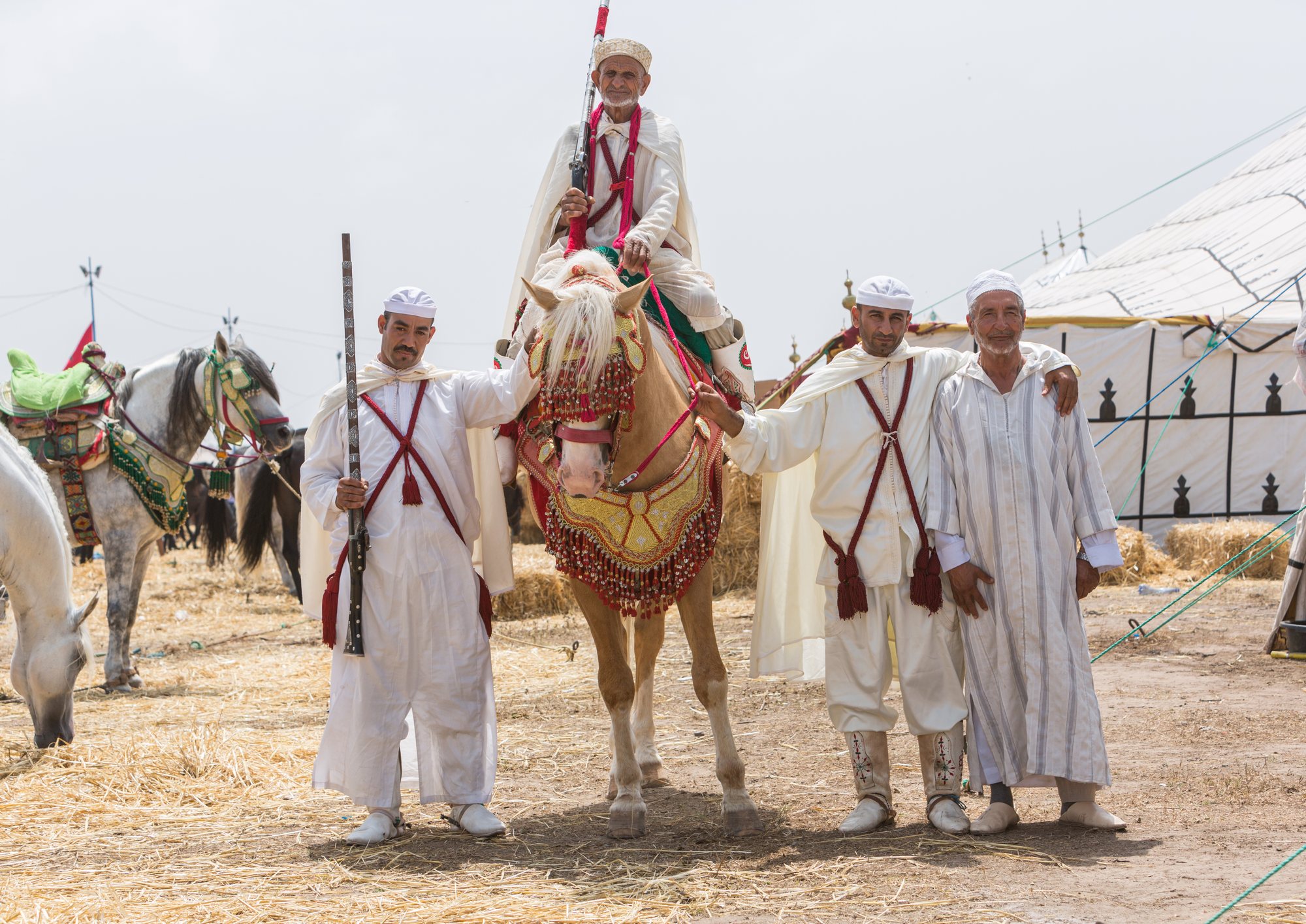 A squad of riders and a horse posed between runs