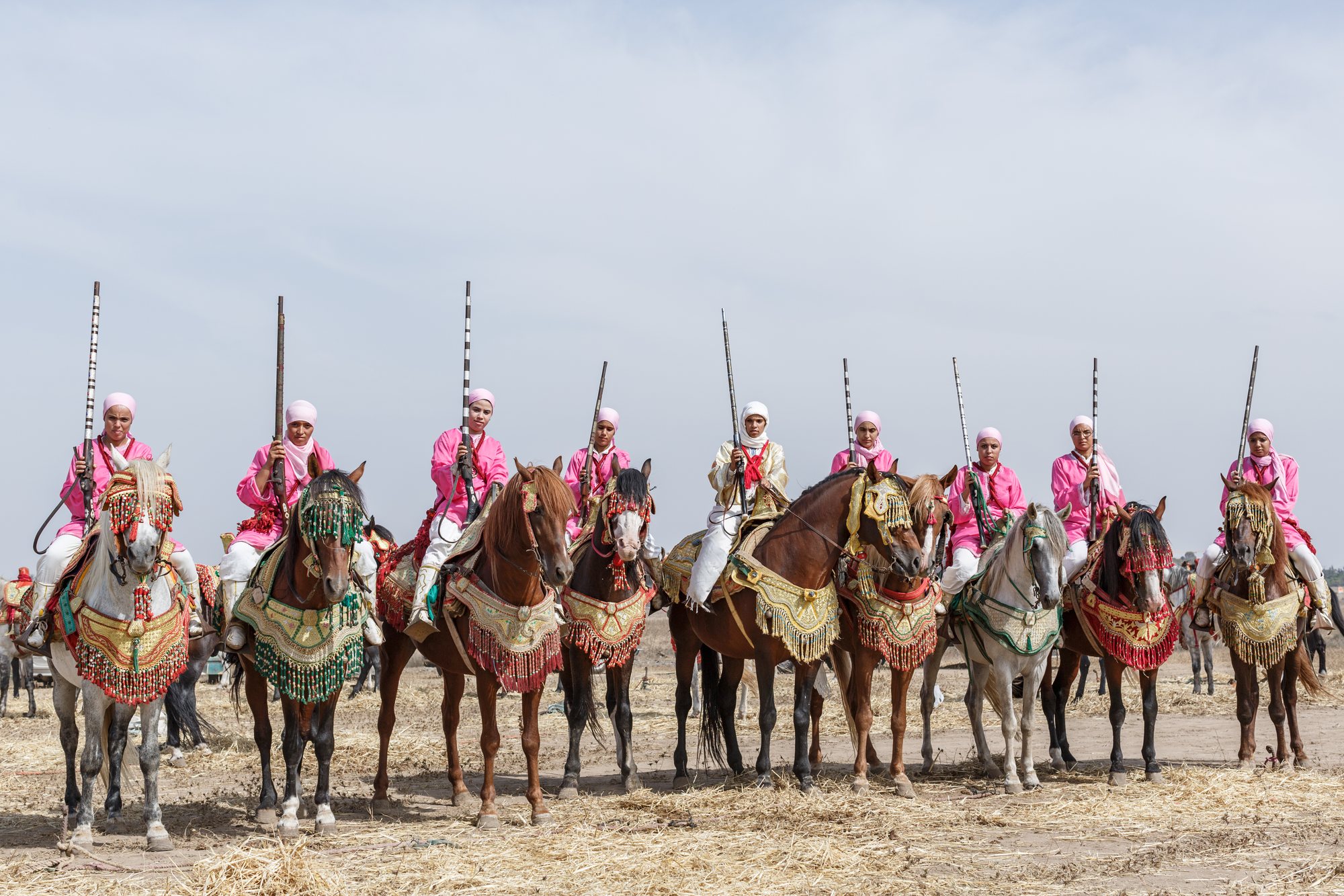 A women's troupe in pink gandouras on decorated horses